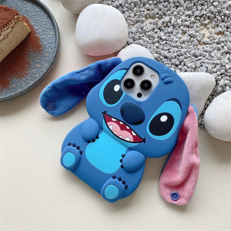 Bandai 3D Silicone Cartoon Phone Case Stitch For iPhone 14 13 12 11 15 Pro Max Fluffy Fur Plush Ear Stitch Cover Men Kids Gift