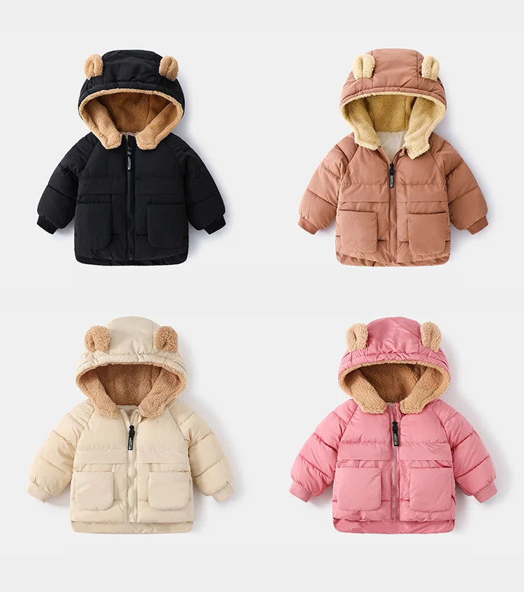 2024 Korean Autumn Winter Children Boy Parkas Cartoon Bear Ears Little Girl Jacket Coat 1-6 Years Kids Boy Outerwear Outfit