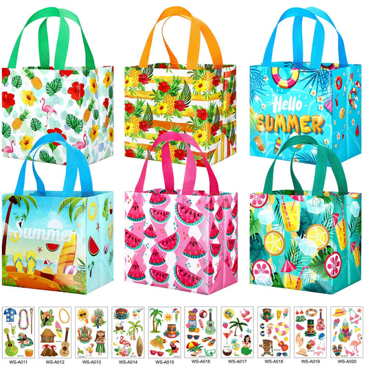 16pcs Hawaiian Gift Bags Summer Party Favor Bags Beach Watermelon Pineapple Flamingo Theme Non-Woven Tropical Gift Bags