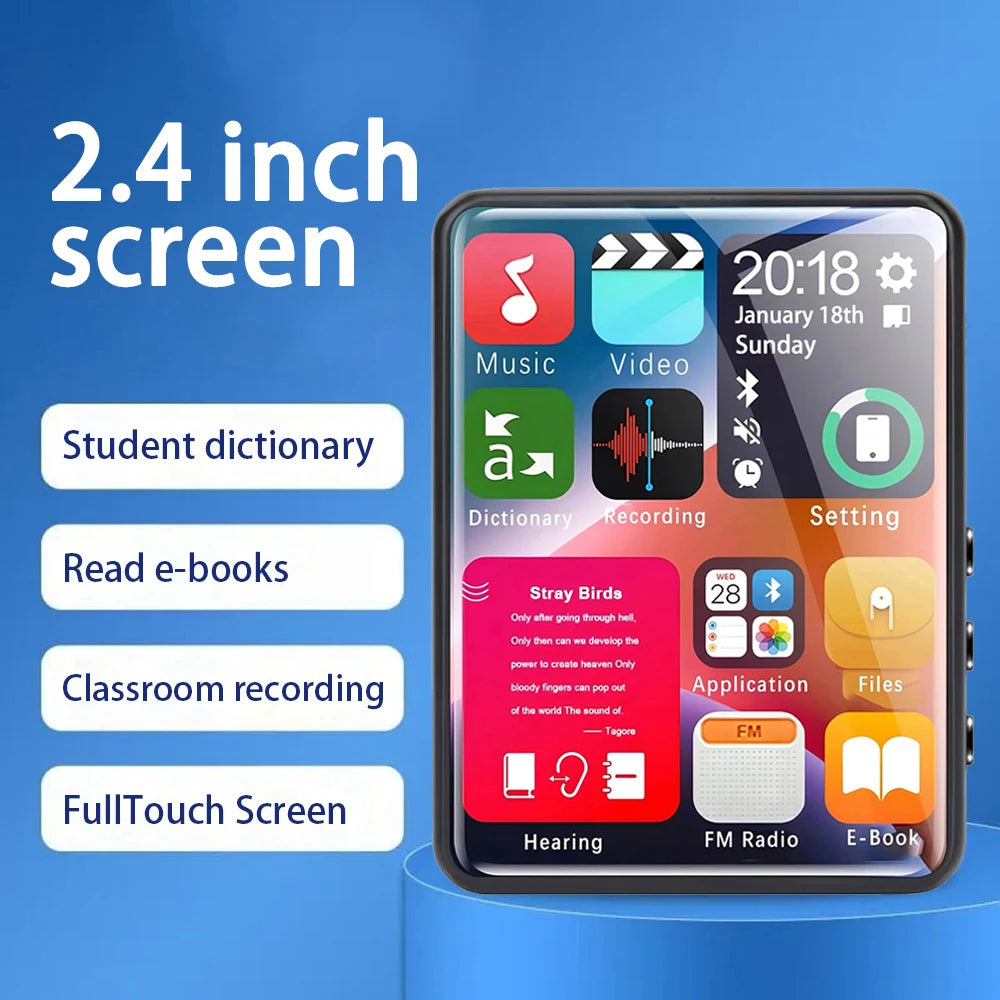 مشغل MP3 بشاشة تعمل باللمس مقاس 2.4 بوصة، مشغل MP4 صغير مع بلوتوث، 4-128 جيجابايت، هاي فاي، HD، تسجيل بدون فقدان، راديو FM، v