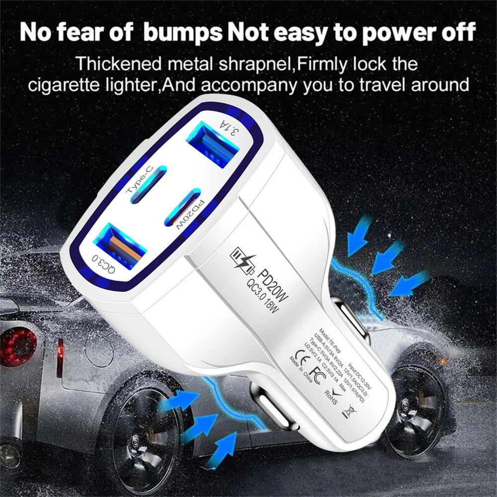 38W Mini Car Charger 4in1 Cell Phone Charger 2USB+2PD Fast Charging Cars Cigarette Lighter for IPhone Samsung Auto Fast Charging