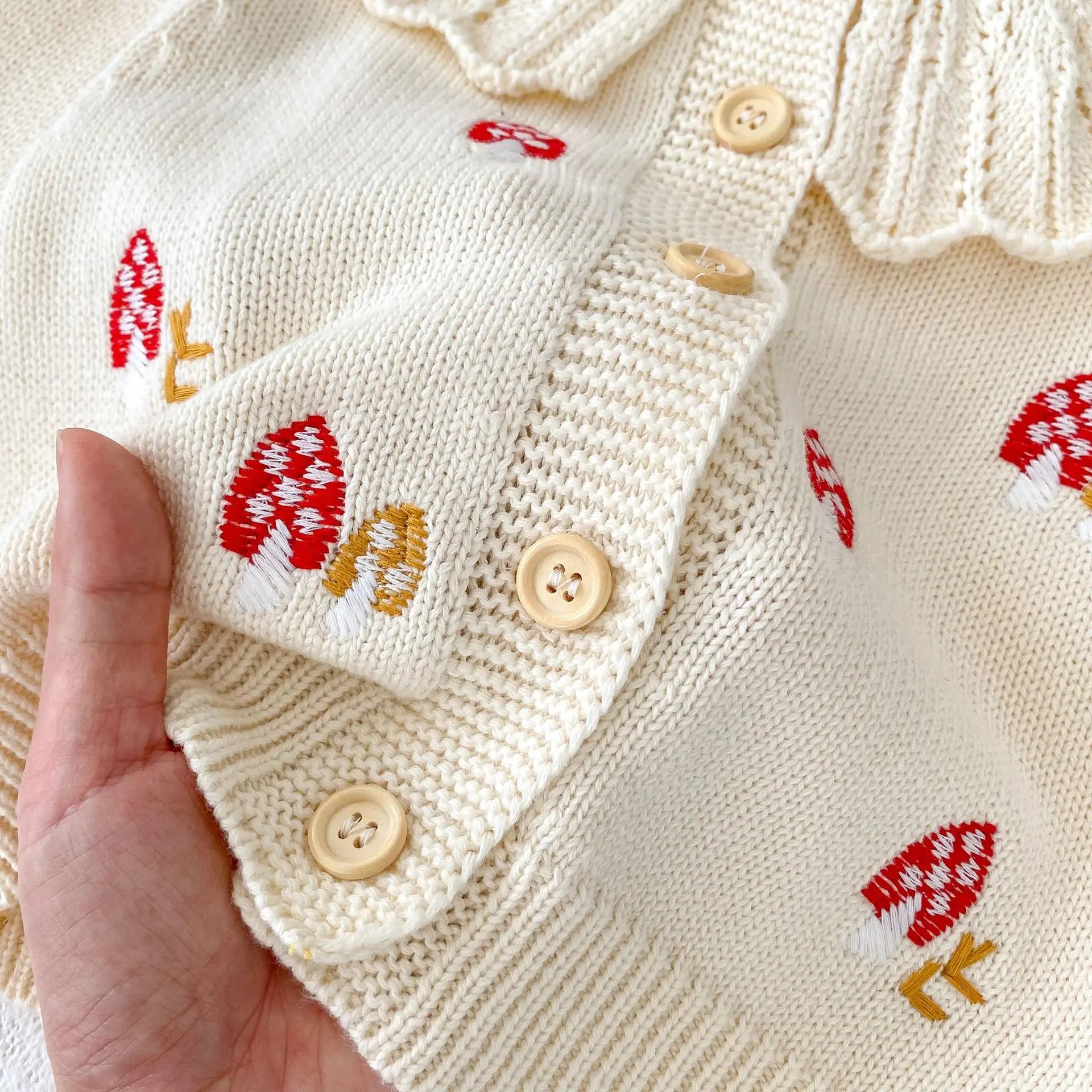 Baby Girl Knit Cardigan  0-3Y | Autumn Winter Cotton Sweater with Embroidered Mushrooms | Toddler and Kids Girls' Coat