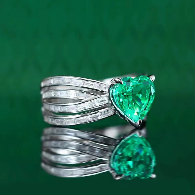 Bulbusbow ZOCA 925 Sterling Silver Heart Ring with Ice Cut Zircon and Emerald Paraiba Gems