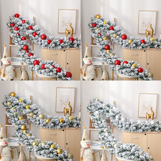 2.7M Christmas Flocking Rattan White Snowfall With Ball Ornaments Staircase Window Christmas Decorations Xmas Party Supplies