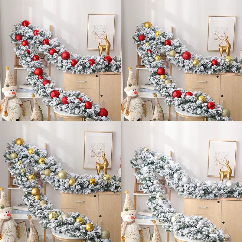 2.7M Christmas Flocking Rattan White Snowfall With Ball Ornaments Staircase Window Christmas Decorations Xmas Party Supplies