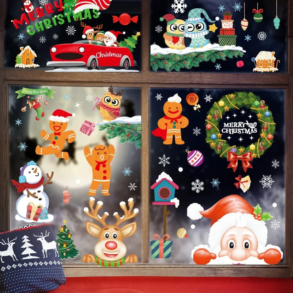 Christmas Window Sticker Santa Claus Elk Gingerbread Man Wreath Gift Xmas Tree Glass Wall Sticker Merry Christmas Happy New Year