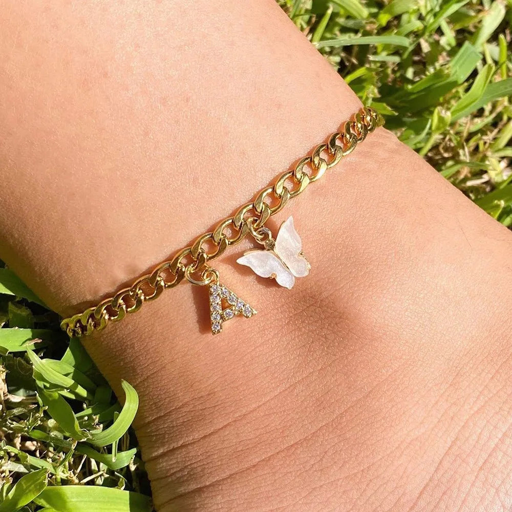 Butterfly Cuban Link Anklet A-Z Letter Initial Anklets Bracelet for Women Stainless Steel Beach Leg Foot Chains Wholesale 2024