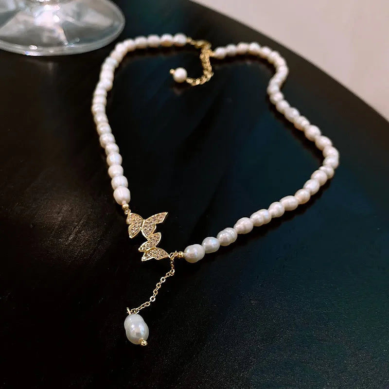 100% Natural Freshwater Pearl Sweet Butterfly Shiny CZ Zircon 14K Gold Filled Female Necklace Jewelry For Women Short Chains