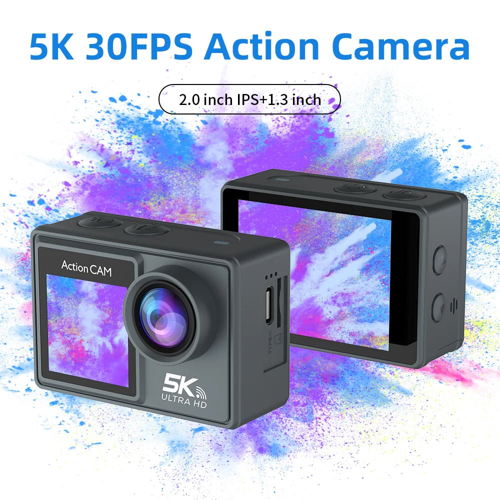 5K 4K60FPS Action Camera Dual IPS Touch LCD DVR EIS 170° 30M Waterproof 5X Zoom Sport Camera With Wireless Mic & Remote Control