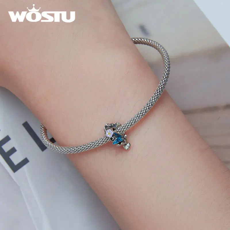 WOSTU 925 Sterling Silver Vintage Butterfly Charms Garden Pendant Blue Flower Bead Fit Original Bracelet DIY Jewelry Making