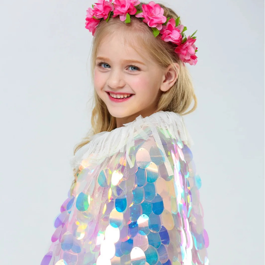 Children Cloak Girls Glitter Sequins Mermaid Rapunzel Princess Costumes Shawl Kids Accessory Mantle Cape Jacket