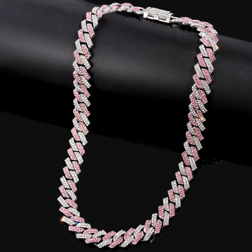 Trendy Pink Rhinestone Prong Cuban Link Chain Iced Out AAA 14MM Cuban Chain Necklace For Men Women Hiphop Jewelry Gift Wholesale