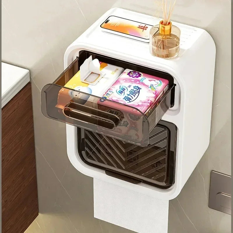 Toilet Tissue Box, Wall Mounted Roll Paper Tube, Paper Drawer, Storage, Bathroom Double Layer Storage Rack Toilet Roll Holder