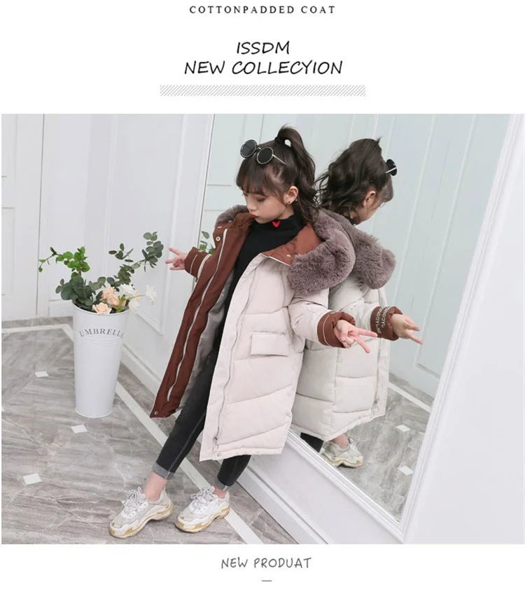 New Girls clothing Winter Warm down Cotton Jackets Children parka faux Fur Collar Coat Girl Thicken overalls Hooded kids Clothes