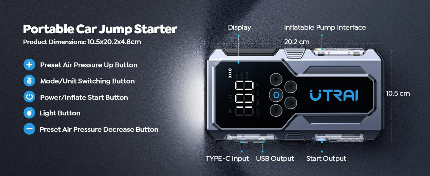 UTRAI 1500A Car Jump Starter Power Bank Portable 150PSI Air Pump Car Battery Emergency Boosters Starting Device Car Starter 2024