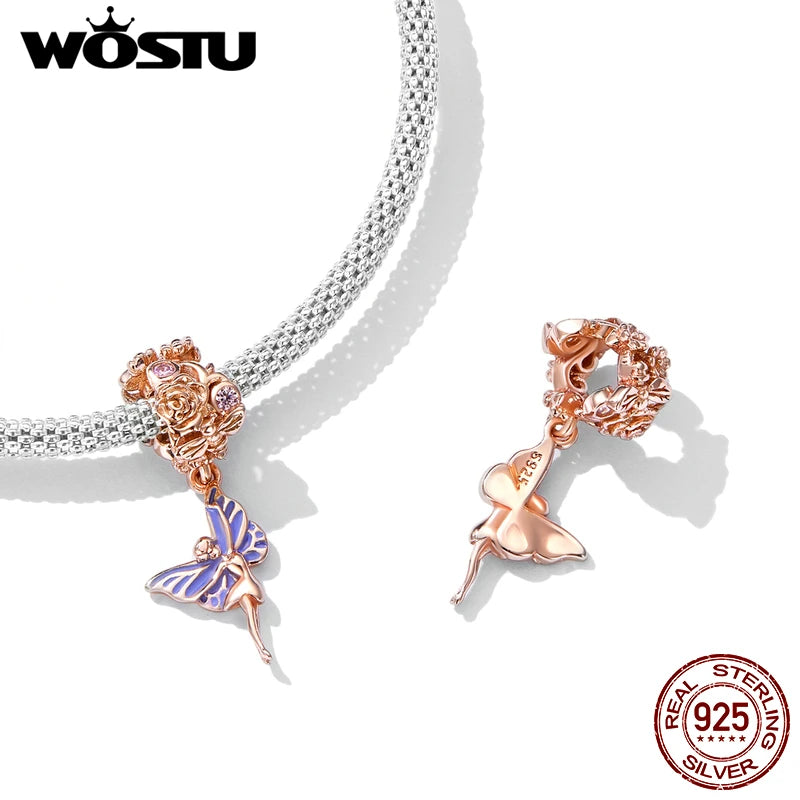 WOSTU Forever & Always Beads 100% 925 Sterling Silver Rose Gold Charm Fit Original Bracelet Pendant DIY Jewelry Making