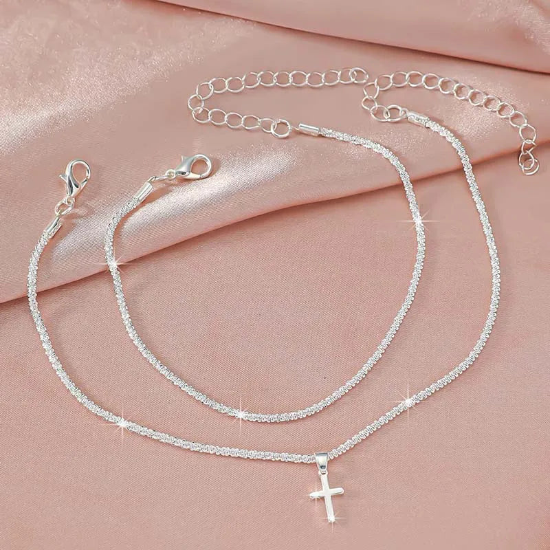 Sparkling Thin Chain Anklet For Women Zircon Heart Cross Pendant Double Layer Bracelet On Leg Foot Trendy Summer Beach Jewelry