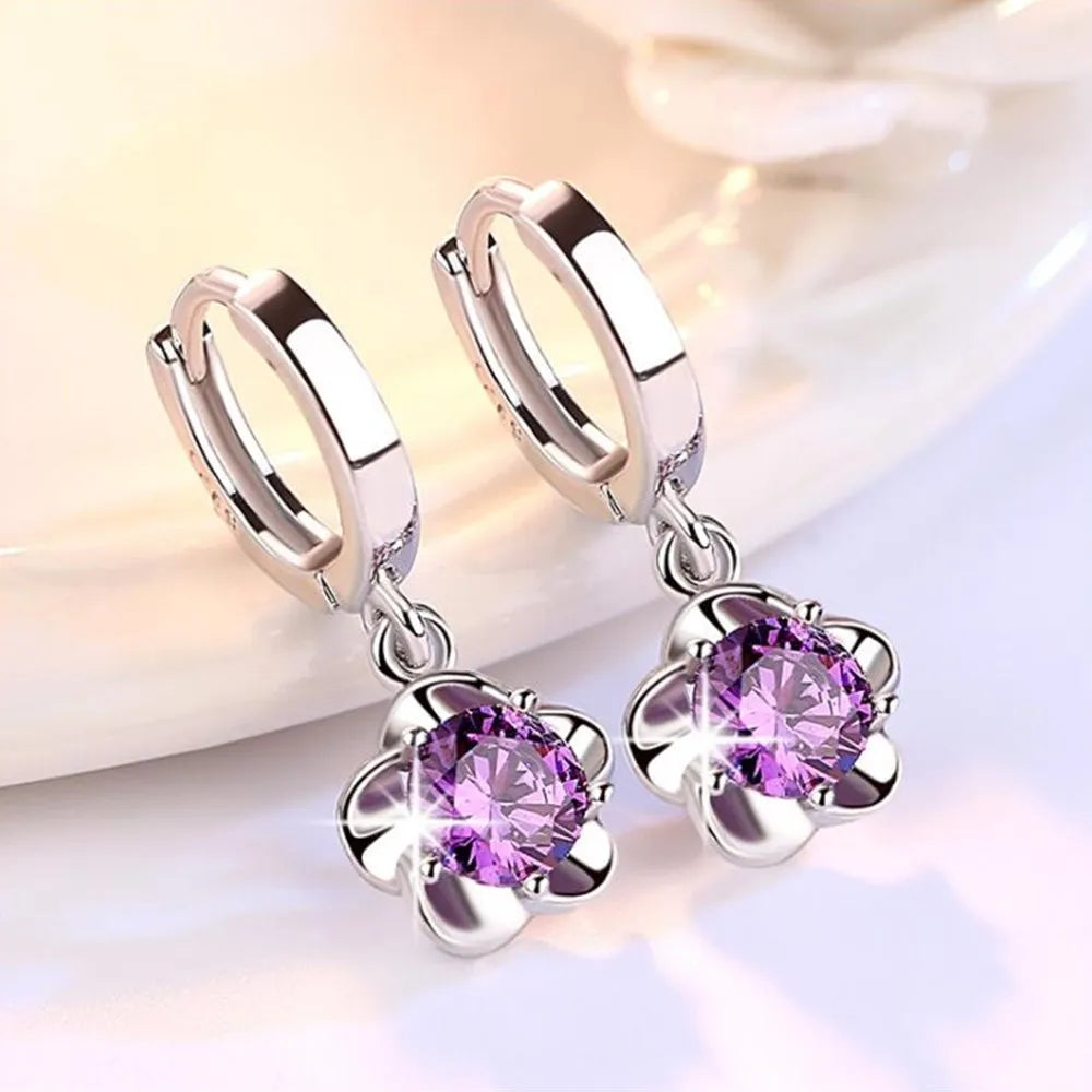 Bulbusbow 925 Sterling Silver Flower Dream Catcher Hoop Earrings with Purple & White Zircon"