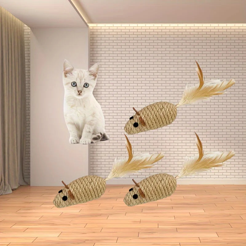 1/4pcs Sisal False Mouse Cat Toy Bite Resistance Stuffed Toy Interactive Cat Toy Simulation Mice Kitten Self-Playing Plush Toys