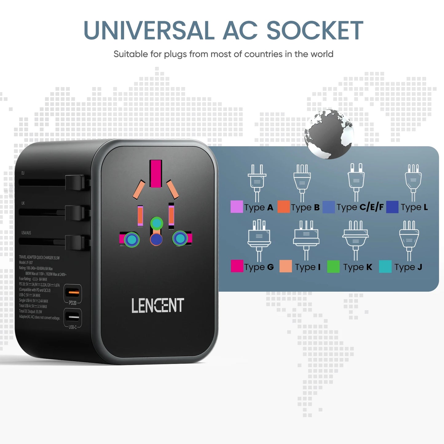 Bulbusbow Universal 65w Travel Adapter with 2 USB Ports and 3 Type-C Fast Charging for Worldwide Travel