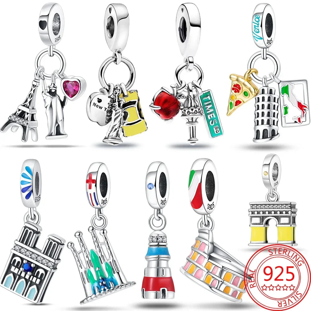 Authentic 925 Sterling Silver Car Travel New York Statue Of Liberty Charm Beaded Fit Pandora Bracelet DIY Jewelry Making