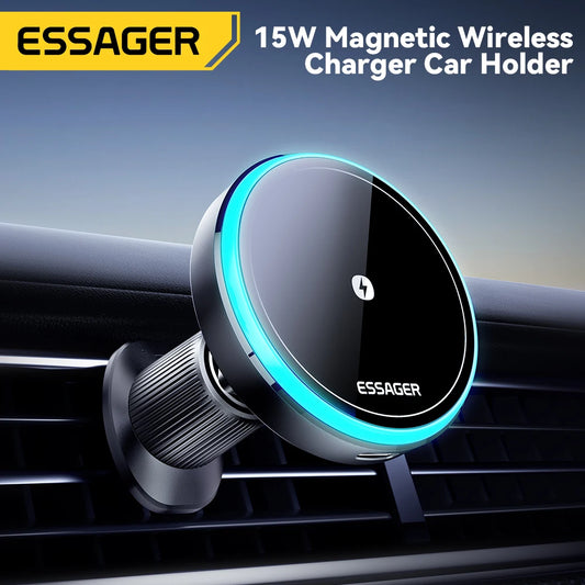 Essager Magnetic Car Phone Holder 15W Wireless Charger Stand For iPhone 15 14 13 Pro Max Car Mount Charger for Magsafe LED Light