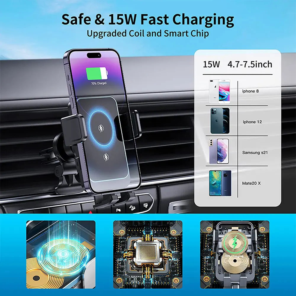 15W Dual Coil Wireless Car Charger for Samsung Galaxy Z Flip 4 3 S22 S21 iPhone Auto Clamp Fast Car Charging Phone Mount Holder