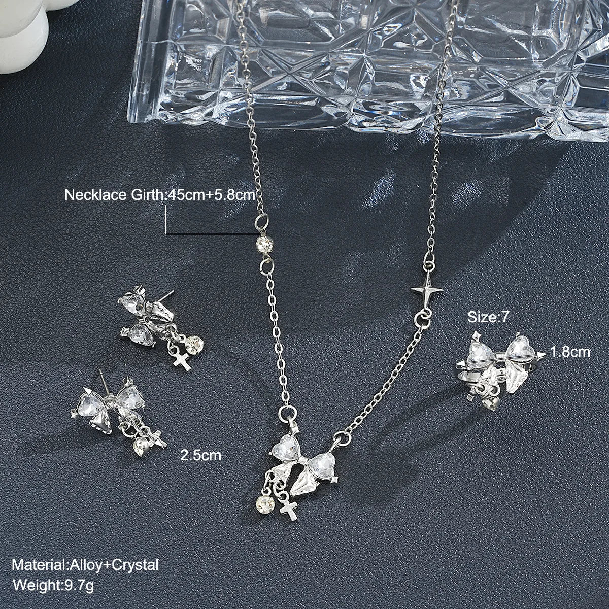 2024 Fashion Sweet Zircon Bow Necklace Earrings Rings Set Three Pieces Silver Color Elegent Luxury Y2K Jewelry Set Party Gifts ﻿