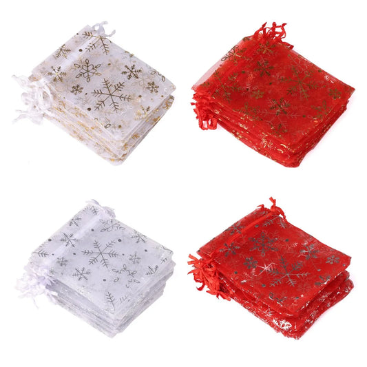 50/100pcs White Red Organza Snowflake Gift Bags 7x9/9x12/10x15/13x18cm Wedding Christmas Party Candy Jewelry Packaging Pouches