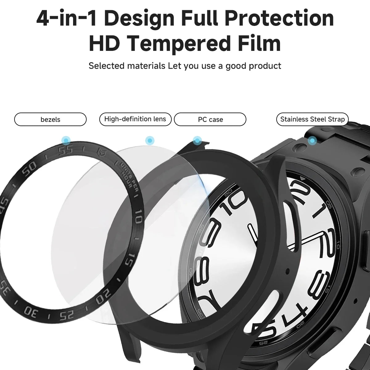 4-in-1 Modification Kit for Samsung Galaxy Watch 6 Classic 43mm 47mm - Stainless Steel Strap, Screen Protector, TPU Case | Bulbusbow