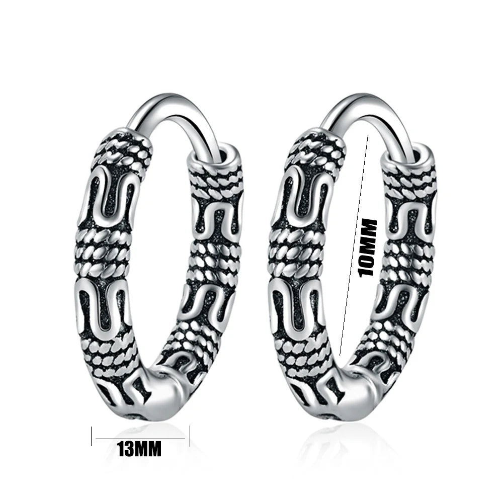 Close-up of Vintage 925 Sterling Silver Hoop Earrings with round pattern design for women.