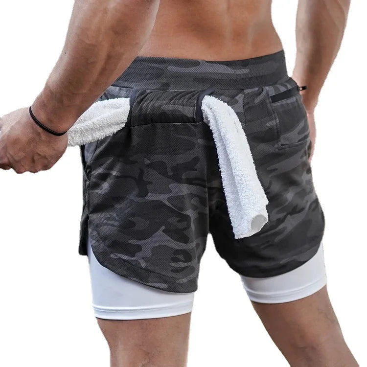 Men's Double Layer Fitness Shorts Drawstring Mesh Lining Elastic Waist Breathable Quick Dry to Beach Pool Summer Male