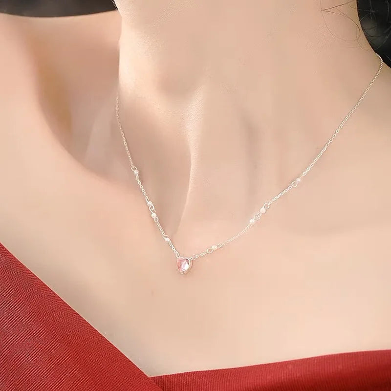 925 Sterling Silver Pink Love Pearl Necklace New Style Temperament Clavicle Chain Women's Sweet Neckchain Jewelry Wholesale