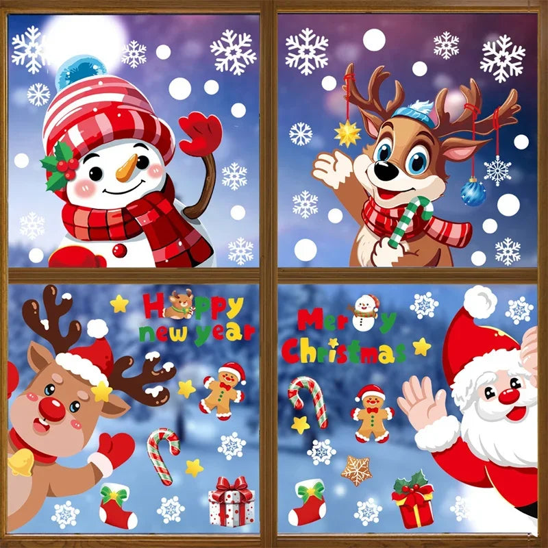 Merry Christmas 2024 Window Decoration Stickers Electrostatic Glass Decals Santa Claus Snowman Snow Flake Pattern Xmas Ornaments