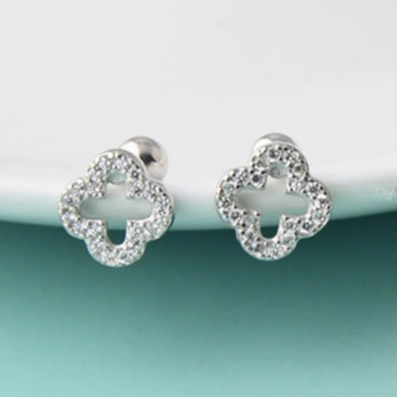 925 Sterling Silver Four Leaf Flower Mini Stud Earrings for Women Personality Hollow Inlaid Zircon Earring Piercing Jewelry Gift