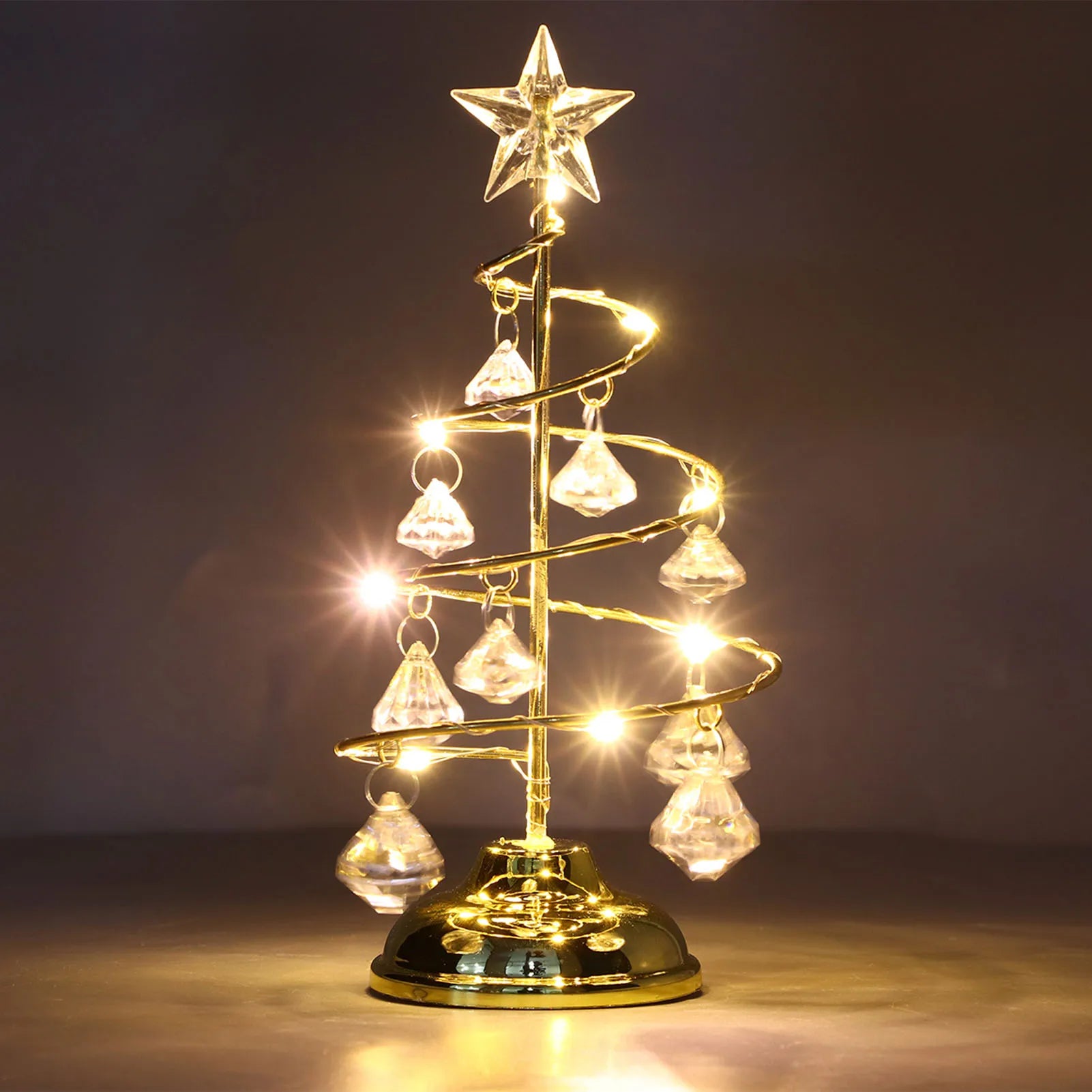 LED Christmas Tree Lamp Small Crystal Decorative Iron Tree Night Light Ornament For Gift Golden Warm Light