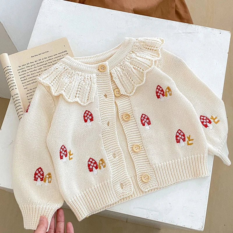 Baby Girl Knit Cardigan  0-3Y | Autumn Winter Cotton Sweater with Embroidered Mushrooms | Toddler and Kids Girls' Coat