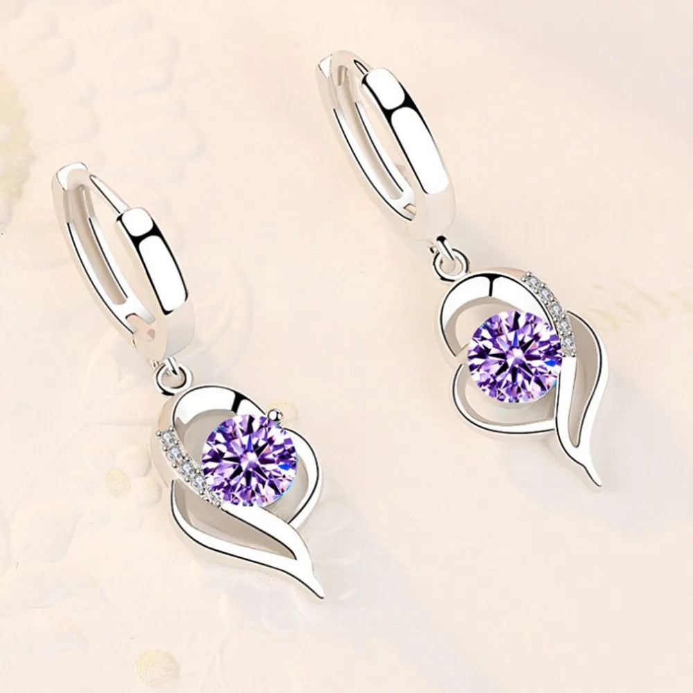 Bulbusbow 925 Sterling Silver Heart Drop Earrings with Blue, Pink, White & Purple Crystal Zircon and Sapphire