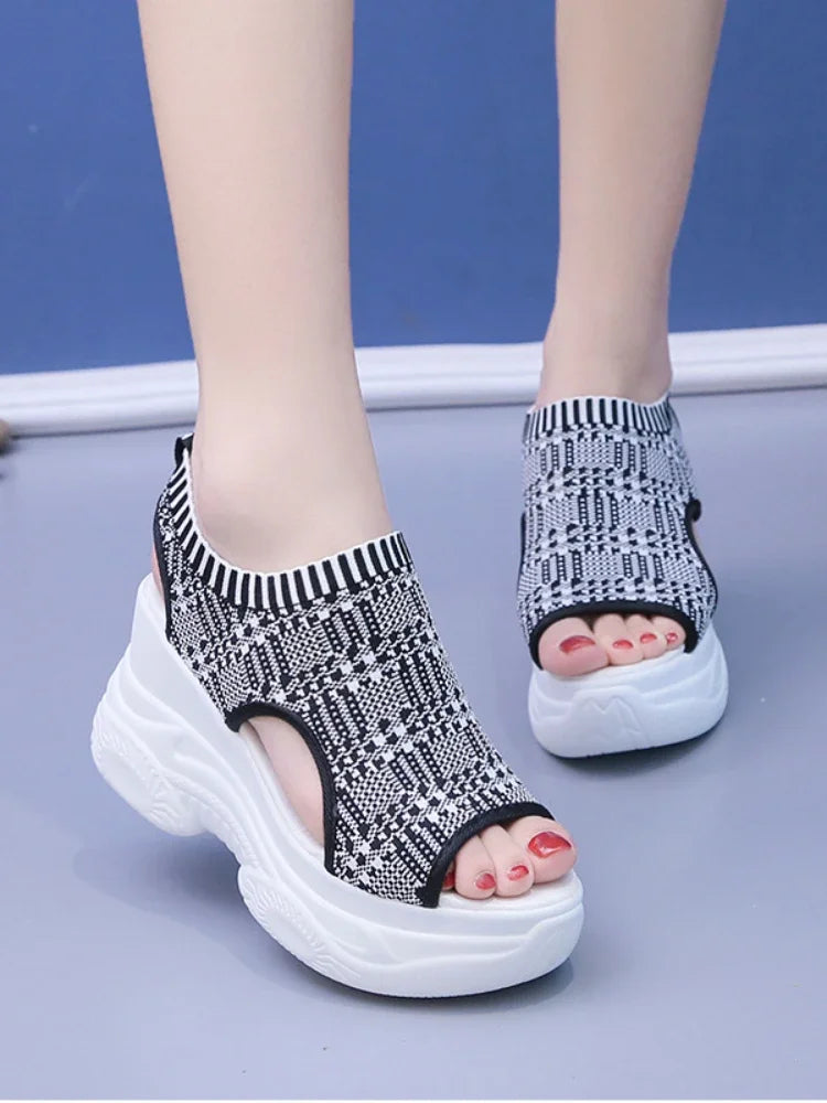 Women's Sandals 2023 Summer Wedge Heel Elastic Cloth Cover Foot Ladies Sandals Thick-soled Fashion Trifle Elevation Casual Shoes