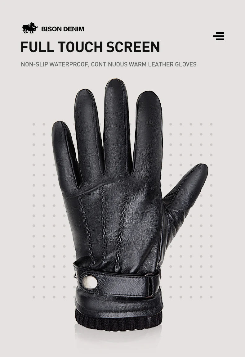 BISON DENIM Men Sheepskin Gloves Winter Thermal Touchscreen Full-finger Mittens Ultralight Windproof Gloves For Driving Riding