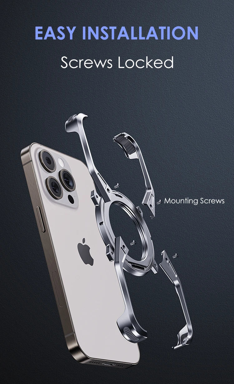 Aluminum Alloy Magnetic MagSafe Stand Phone Case For iPhone 14 13 15 16 Pro Max 16Pro Metal Hollow Rimless Bumper Cover Funda