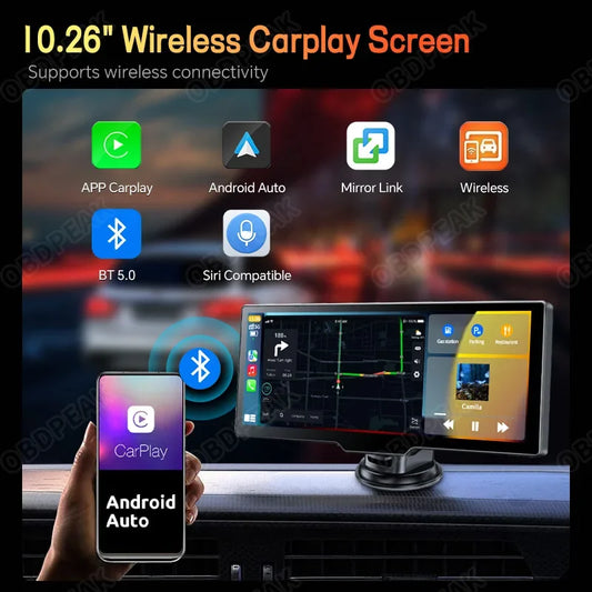 OBDPEAK T20 10.26 英寸行车记录仪后视摄像头 Carplay 和 Android Auto 智能播放器 GPS 导航汽车 DVR FM 后视镜监视器