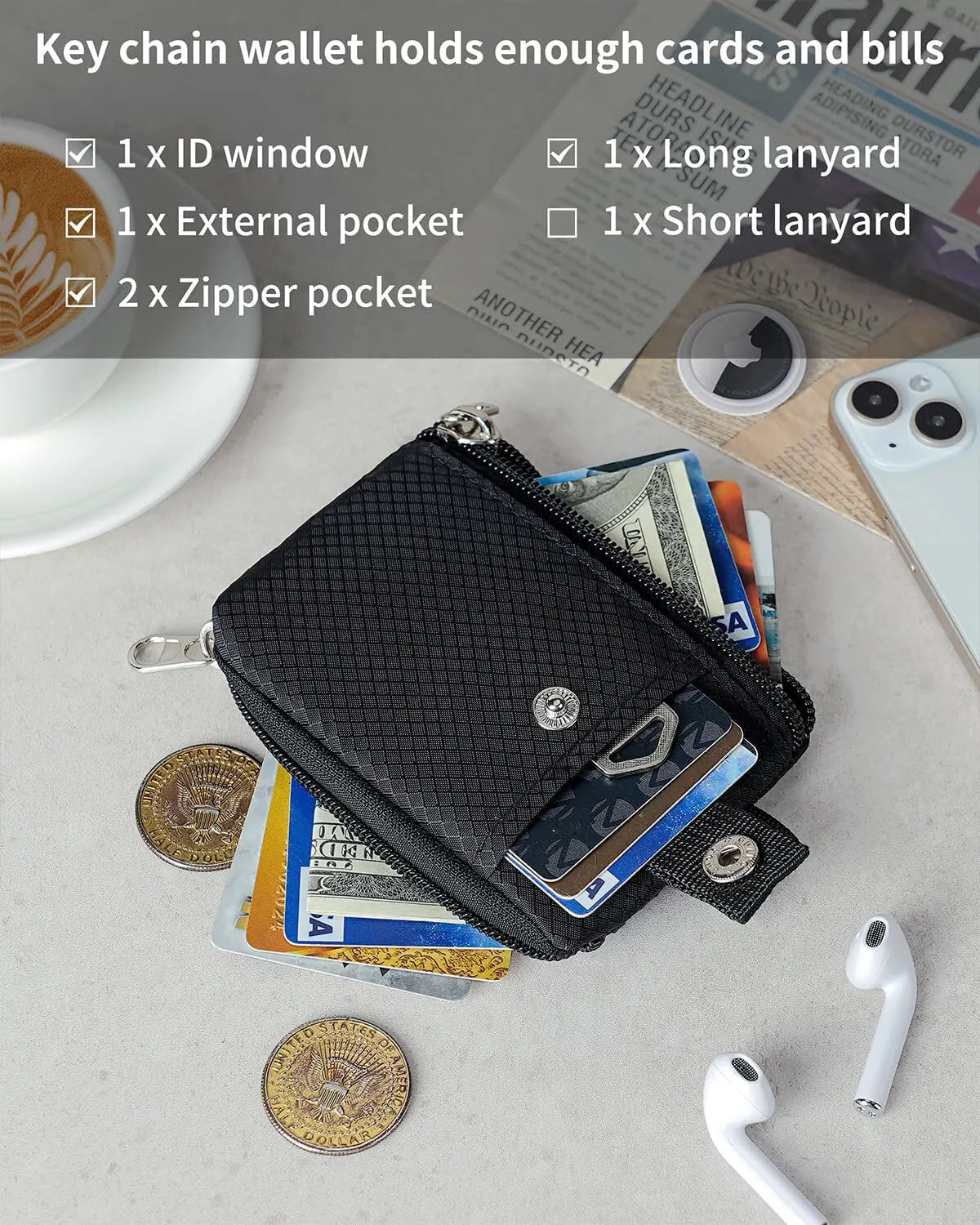 Wallet ID Badge Holder Waterproof Nylon Zipper Pouch and Lanyard Student Bus Transfer Cards Cash Coin Travel Bag RFID Blocking