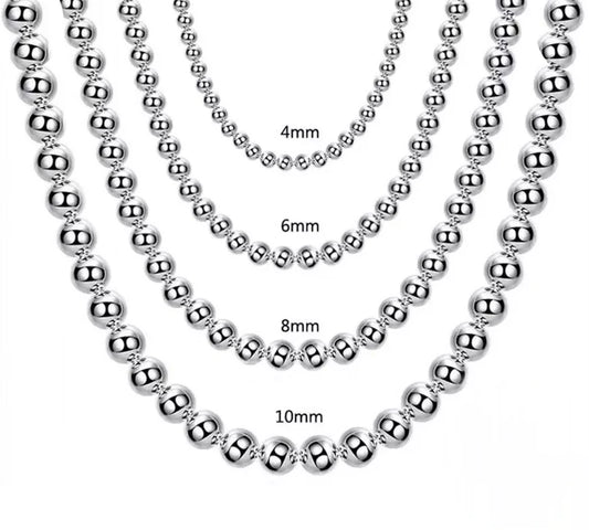 925 Sterling Silver 4MM/6MM/8MM/10MM Smooth Beads Ball Chain Necklace For Women Men Fashion Jewelry