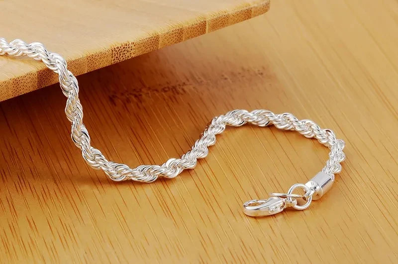 Fashion charm 925 Sterling Silver Bracelet for man woman 4MM Twisted rope chain fine jewelry Wedding party Christmas gift