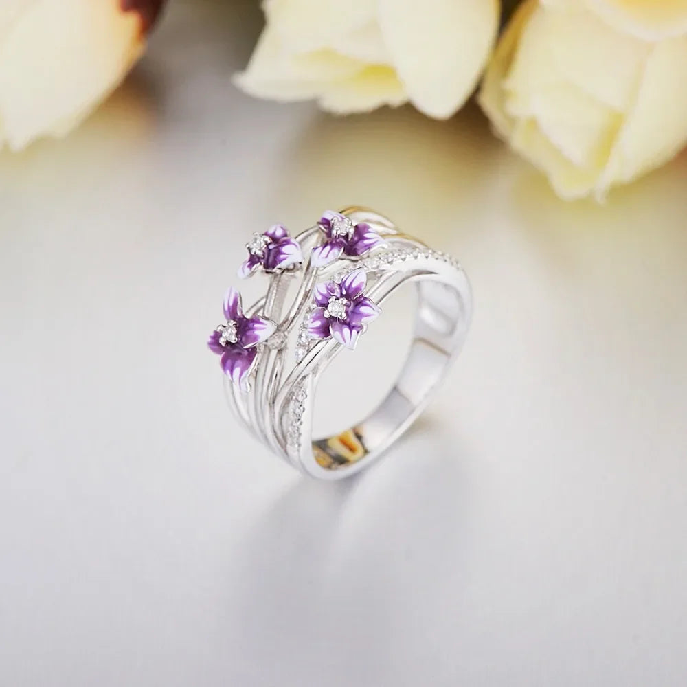 Authentic 925 Sterling Silver Stackable Violet Drop Glue Ring Daisies Flower Zircon Finger Ring for Women Jewelry Gift Bijoux