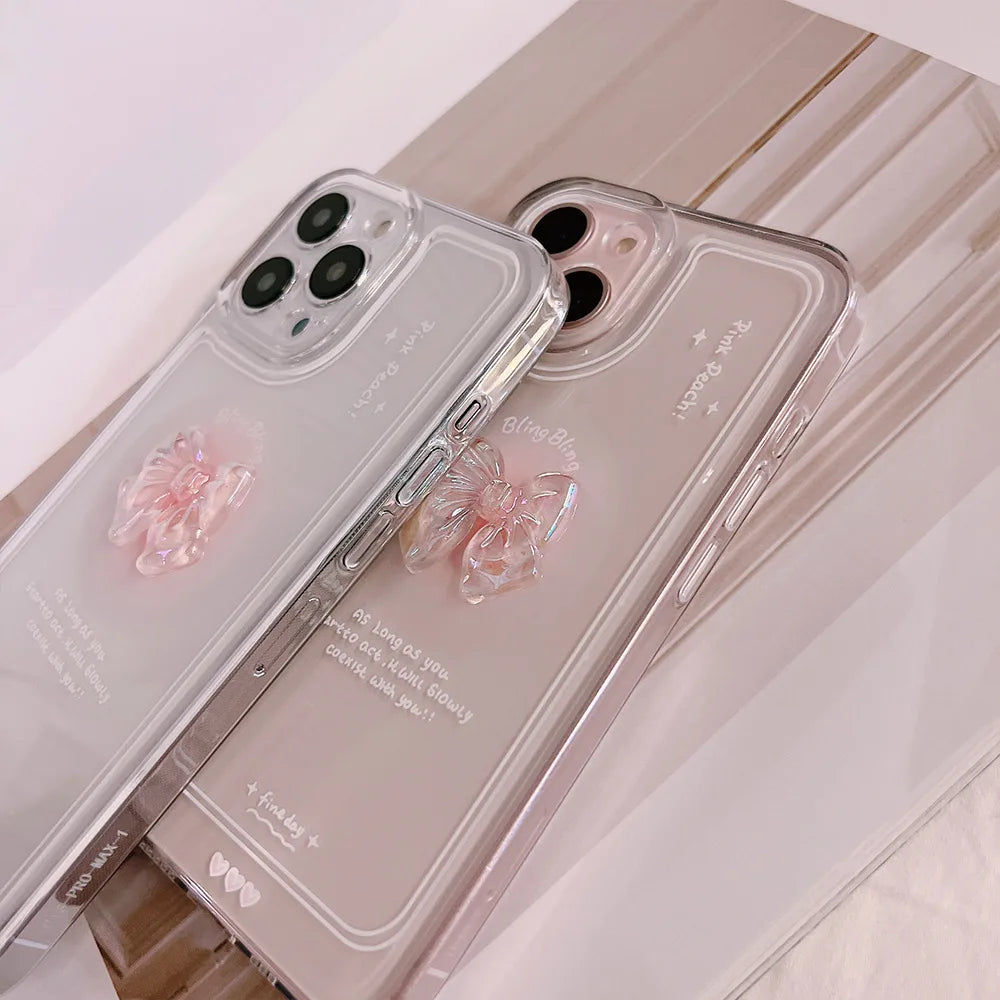 Clear Case with Pink Bow for iPhone 15 14 13 12 11 Pro Max Plus 7 8 SE XS, Cute Transparent Stylish Shockproof Protective Cover