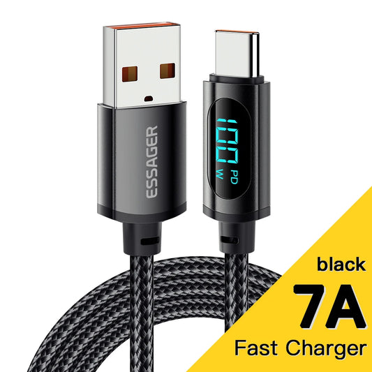 Essager PD 100W USB Type C Cable to USB C 7A Fast Charging Charger Wire Cord For OPPO Realme Huawei Poco Samsung Display Cable