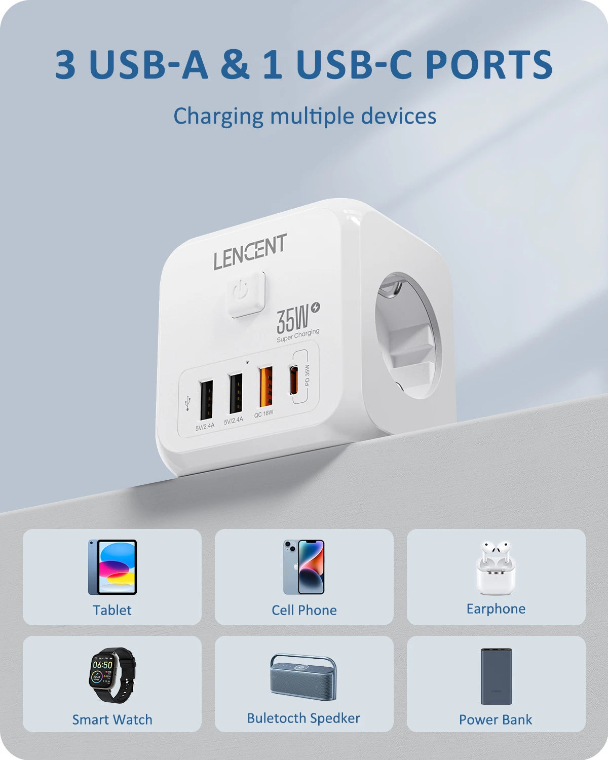 LENCENT Wall Socket Extender with 3 AC Outlets 3 USB Ports And1 Type C 7-in-1 EU Plug Charger On/Off Switch for Home