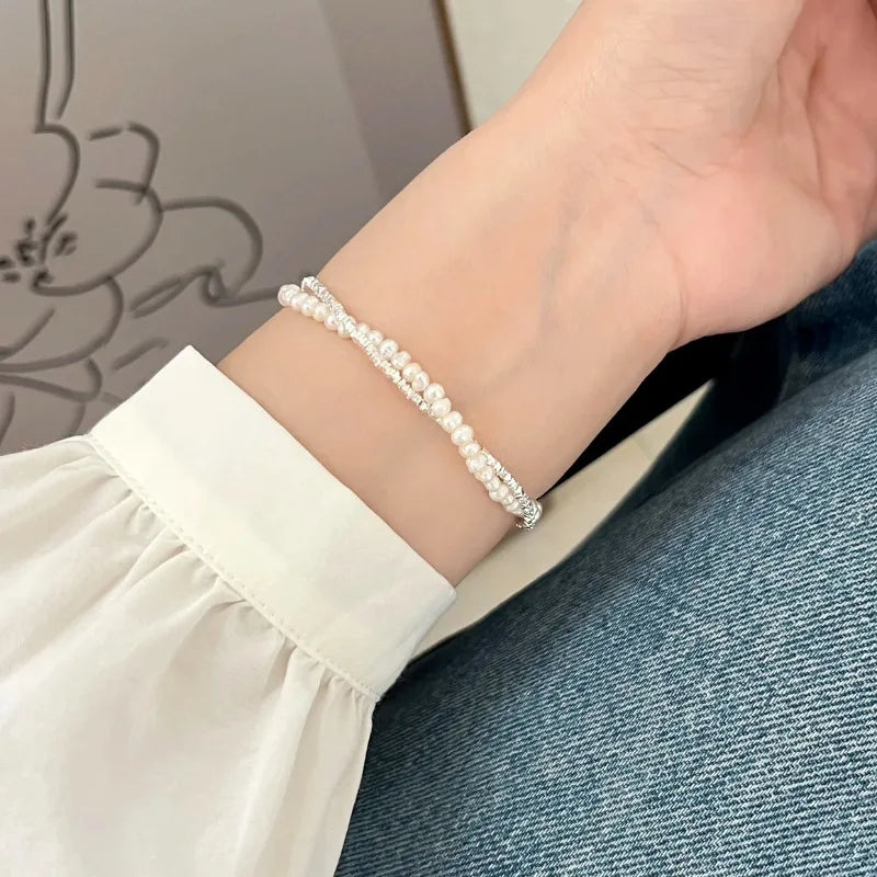 VENTFILLE 925 Sterling Silver Double Layer Pearl Bracelet for Women Girl Design Bead Korean Jewelry Dropshipping